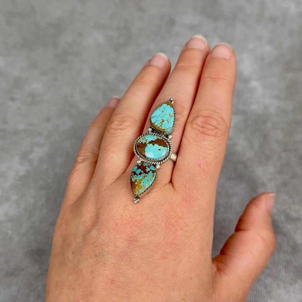 Sterling Silver 925 No. 8 Turquoise Triple Stone Statement Ring Size 7
